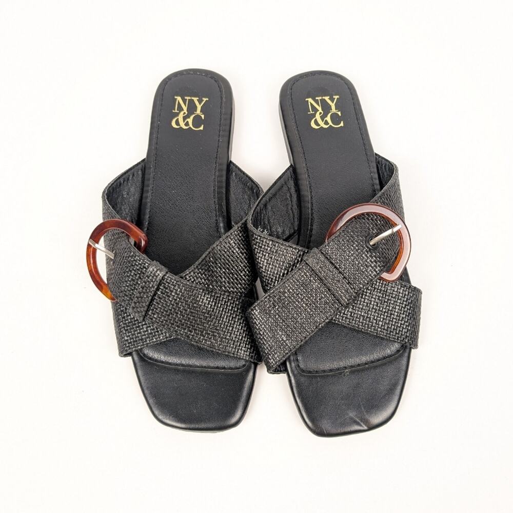 New York & Company Black Criss Cross Slip On Buckle Flat Sandals Size 6 - Picture 4 of 9